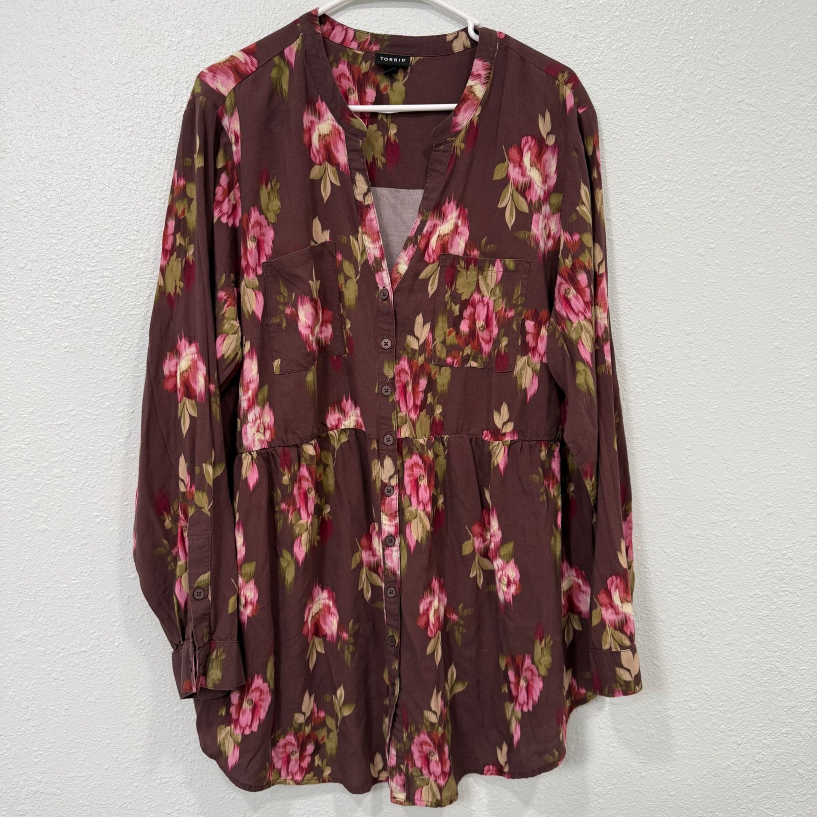 Torrid Floral Ikat Babydoll Tunic Blouse Burgundy Pink Plus Size 2 2x Rn148862